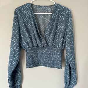 Polka Dot Smocked Blue Blouse
